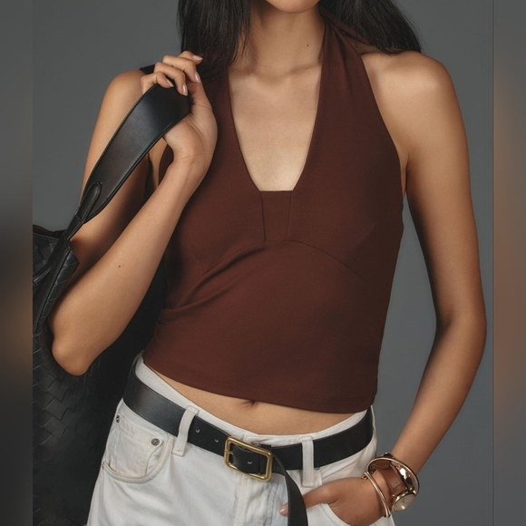 By Anthropologie Women's Tailored Tied Halter Top, LARGE, Cocoa Brown - Picture 1 of 8
